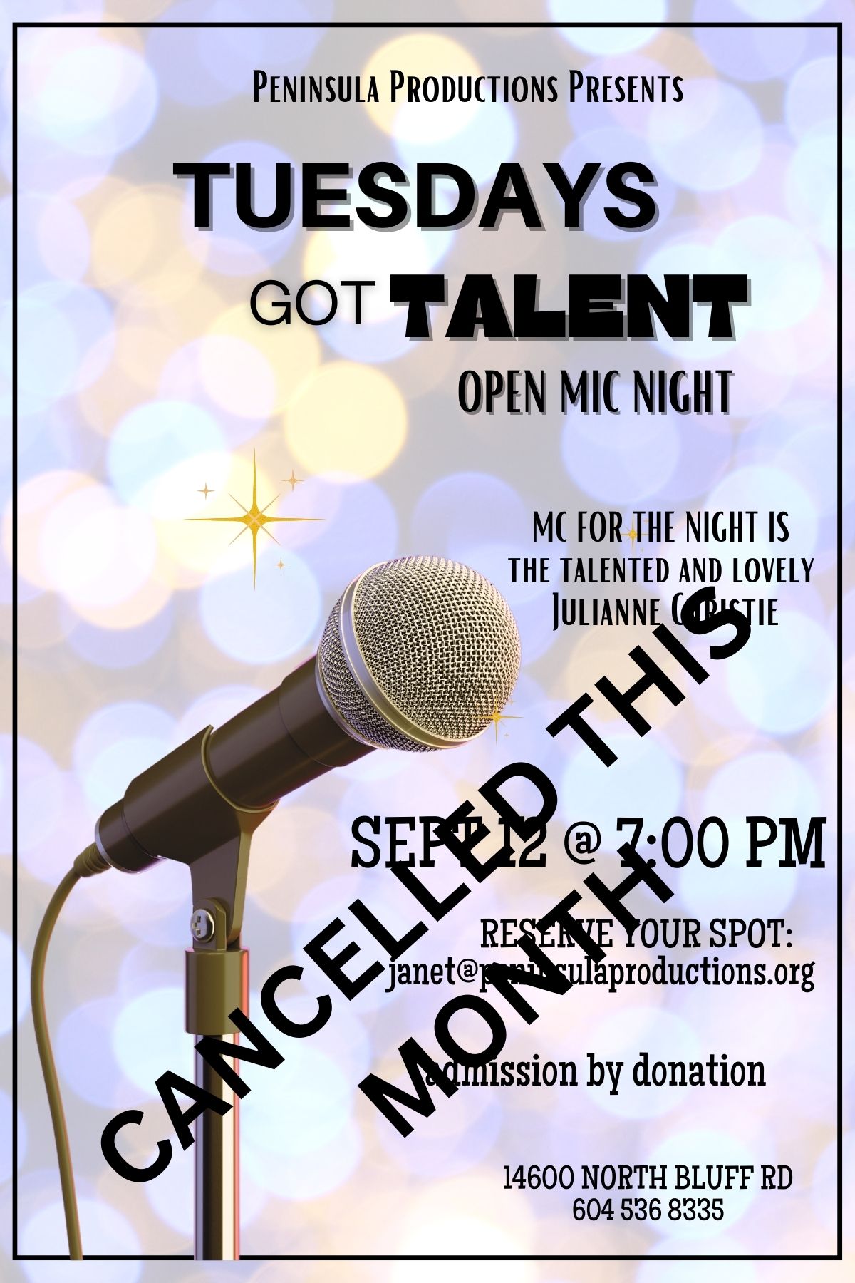 Cancelled event poster for Tuesdays Got Talent (Sept 12)